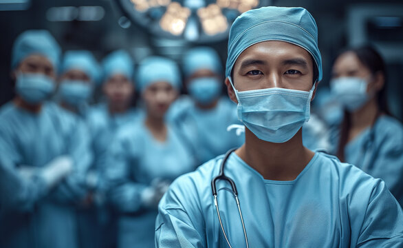 Concentrated male doctor in surgical gear, OR teamwork, modern medical healthcare scene. - Powered by Adobe