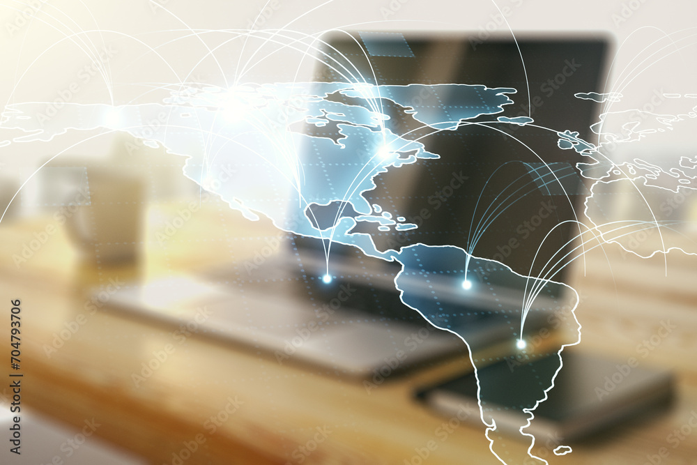 Poster double exposure of abstract digital world map with connections and modern desk with computer on back
