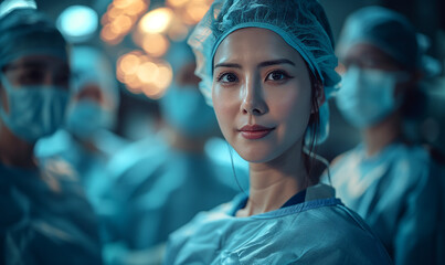 Asian female surgeon in blue surgical cap and mask, with focused expression, in a hospital setting, signifies medical professionalism and expertise.
