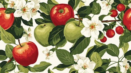  a pattern of apples and flowers on a white background with green leaves and red apples with white flowers and leaves.