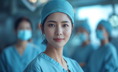 Expert Asian woman surgeon in surgical gear, with team behind, in a modern hospital setting, showcasing teamwork