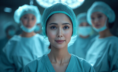 Expert Asian woman surgeon in surgical gear, with team behind, in a modern hospital setting, showcasing teamwork