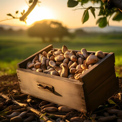 Brazil nuts harvested in a wooden box in a plantation with sunset. Natural organic fruit abundance. Agriculture, healthy and natural food concept. Square composition.