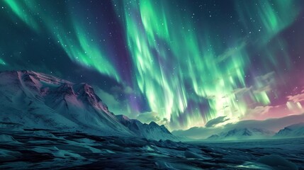  a green and purple aurora bore is in the sky above a mountain range with snow on the ground and a pink and green aurora bore is in the sky.