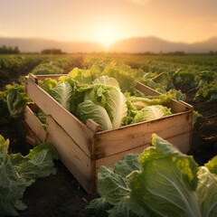 Napa cabbage harvested in a wooden box with field and sunset in the background. Natural organic fruit abundance. Agriculture, healthy and natural food concept. Square composition.