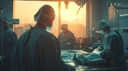 Skilled surgeon in protective scrubs and mask preparing for a surgical operation in a modern, equipped OR. - obrazy, fototapety, plakaty