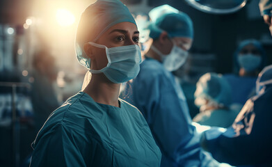 Healthcare worker in scrubs standing in surgery room, team conducting operation