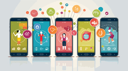 health and fitness features of smartphones in a vector art piece showcasing individuals using fitness apps, tracking activities, and monitoring their well-being. 