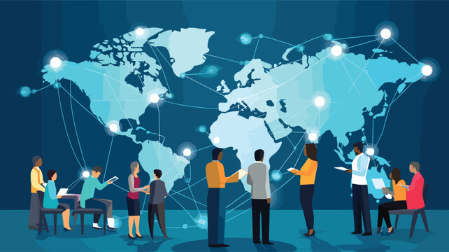 global connectivity facilitated by smartphones in a vector scene featuring individuals engaging in virtual meetings, connecting with people worldwide, and staying informed about global