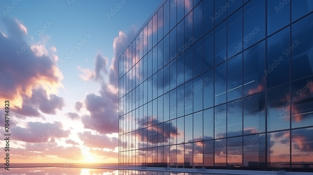 Wall mural modern glass building reflecting the evening sun