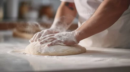Papier Peint photo autocollant Boulangerie Chef kneading dough for pizza or bread