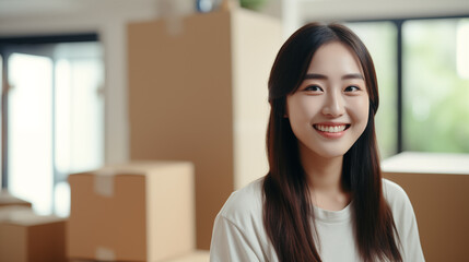 Young Asian woman smiles on her first day of moving into a house. Carrying things into the house, modern white house