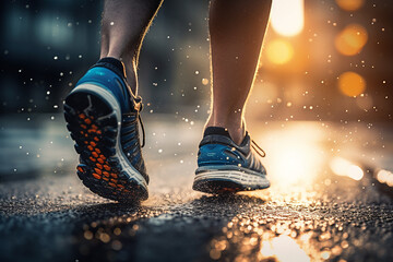 Generative AI Image of Man Foots Wearing Sport Shoes Jogging on Street - obrazy, fototapety, plakaty