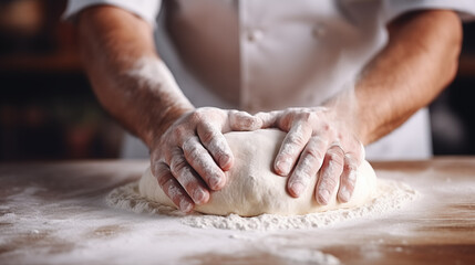 Chef kneading dough for pizza or bread - obrazy, fototapety, plakaty