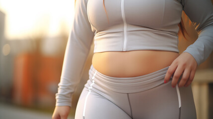Fat woman in sports clothes showing her belly jogging - obrazy, fototapety, plakaty