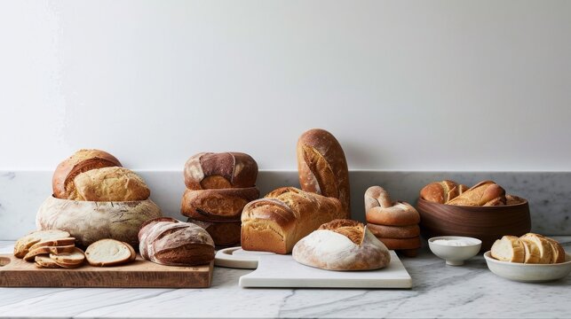  a bunch of breads sitting on top of a counter next to a bowl of bread and a loaf of bread on a cutting board.