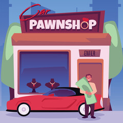 Pawnshop with character receiving money as pawn for car, vector illustration.