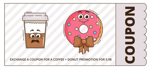 Funky groovy cartoon character Coffee, Donat promotion gift coupon. Vintage funny mascot patch psychedelic smile, emotion. Design art for cafe, bar, restaurant. Comic trendy vector illustration