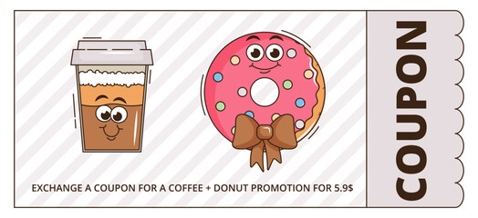 Funky groovy cartoon character Coffee, Donat promotion gift coupon. Vintage funny mascot patch psychedelic smile, emotion. Design art for cafe, bar, restaurant. Comic trendy vector illustration