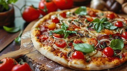 a pizza sitting on top of a wooden cutting board next to a bunch of tomatoes and basil on top of it.