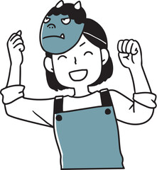 鬼のお面を被ってはりきるお母さん単色