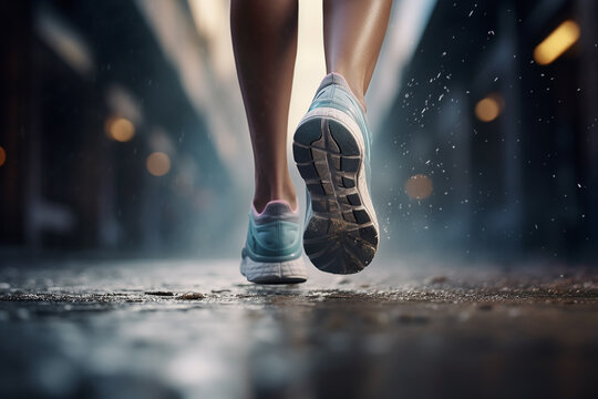 Generative AI Image of Woman Foots Wearing Sport Shoes Jogging on Street