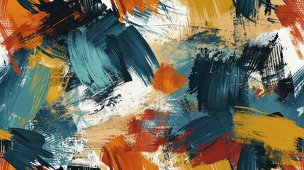  an abstract painting of blue, orange, yellow and black brush strokes on a white background with red, yellow, orange, and blue colors.