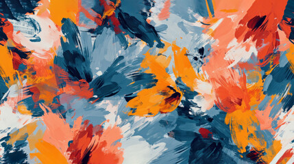  an abstract painting of orange, blue, and white flowers on a blue and white background with a blue border.