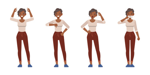 Set of working woman wear cream shirt color character vector design. Presentation in various action. Businesswoman working in office planning, thinking and economic analysis on isolated white backgrou