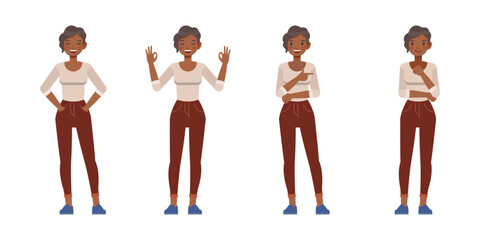 Set of working woman wear cream shirt color character vector design. Presentation in various action. Businesswoman working in office planning, thinking and economic analysis on isolated white backgrou