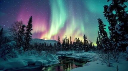  the aurora bore in the night sky over a river and snow covered trees with a stream running through the foreground. - obrazy, fototapety, plakaty