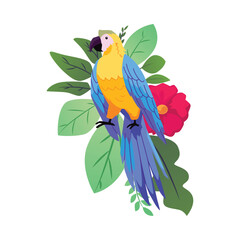 Parrot bird sitting in tropical foliage with flower vector illustration