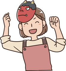 鬼のお面を被ってはりきるお母さん