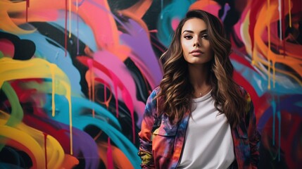 A beautiful fashion woman standing in front of a vibrant graffiti-covered wall
