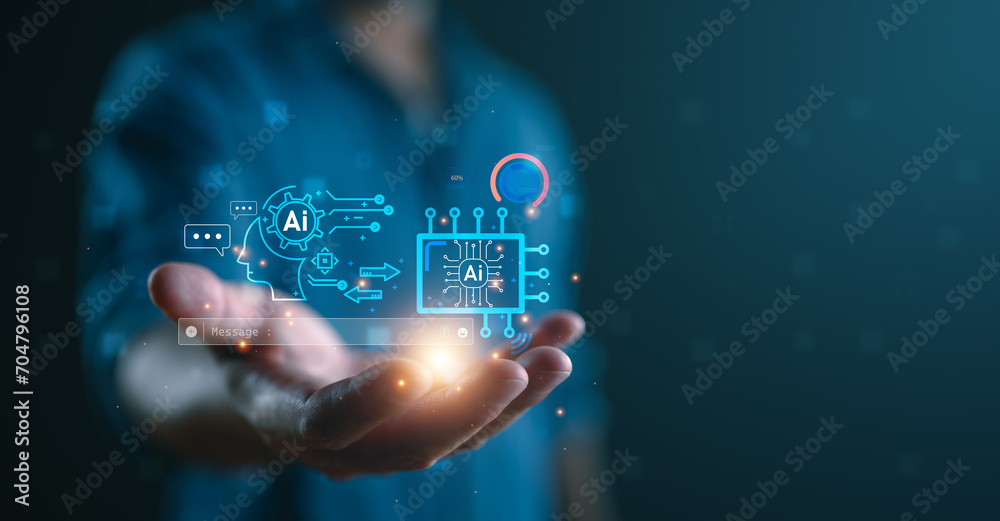 Aufkleber Ai technology, Artificial Intelligence. Man show technology smart robot AI, artificial intelligence by enter command prompt for generates something, Futuristic technology transformation. Chat with AI