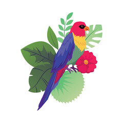 Macaw parrot with exotic leaves and flowers, flat vector illustration isolated.