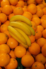 Branch of yellow ripe bananas and orange.Tropical fruits on sale.