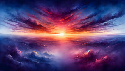 Obraz premium A background featuring abstract clouds in the sky with either a sun or sunset landscape, created using a watercolor technique to achieve a colorful background 
