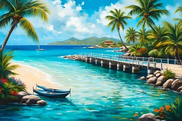 Oil painting, Beautiful landscape with bridge to pier. Color fusion of ocean, palm trees, flowers and sky. Light ripples on amazingly clear water. painting fine vacation on summer