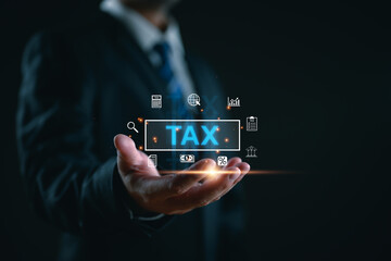 E-tax, Businessman show TAX for Individual income tax return form online for tax payment concept. Government, state taxes. Data analysis, paperwork, financial research, report. Calculation tax return. - obrazy, fototapety, plakaty