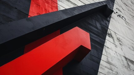  a close up of a building with a red and black design on the side of the building and a red arrow on the side of the building.