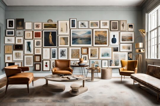gallery wall adorned with a curated collection of diverse artworks, highlighting the beauty of curation and the visual impact of different artistic styles converging