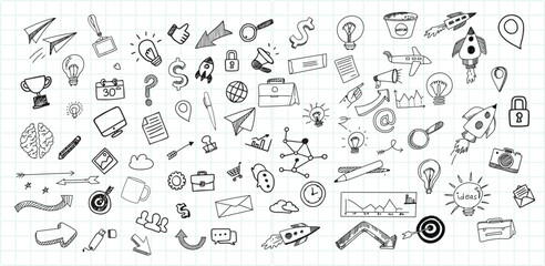 Hand draw technology sketch icon doodle set design. doodle art business hand drawn vector simple. with flowchart, statistic and element component business.
 - obrazy, fototapety, plakaty