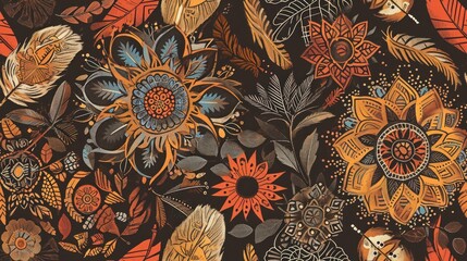  a close up of a painting of flowers and leaves on a black background with red, orange, yellow, and blue colors.