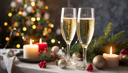 two glasses of champagne on the New Year's table, New Year's background with gifts and toys
