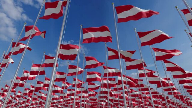 Set of 3D Flags of Austria. National Austria flags waving in the wind. 3D Rendering. Flags of Austria waving in the wind on flagpole against the sky with clouds on sunny day. Concept of politics, busi