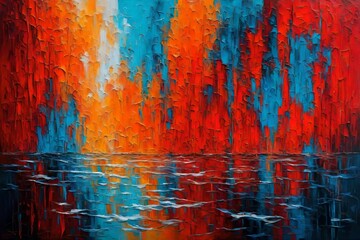 Fine art abstraction, oil painting made with rough brush strokes and the palette knife. Good vibe artwork with water reflection, tomato colour and blue, textured background 