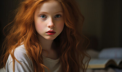 Serene young girl with flowing auburn hair and a contemplative gaze against a soft-lit neutral background, embodying innocence and wonder - obrazy, fototapety, plakaty