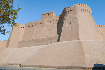 Bastion of the ancient citadel of Kunya-Ark close-up on a sunny day. The inner city of Ichan-Kala. Khiva, Uzbekistan