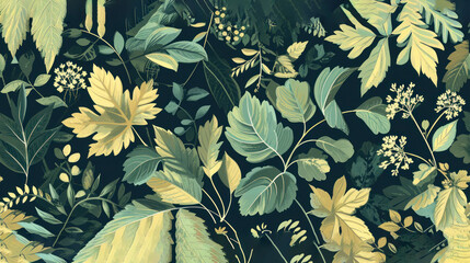  a green and yellow floral wallpaper with leaves and flowers on a dark green background with white flowers and green leaves on a dark blue background.
